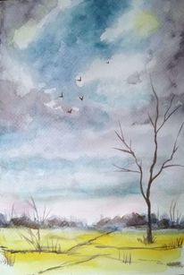 Landschaft, Natur, Baum, Aquarell