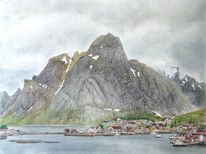 Fjord, Holzfarbstifte auf papier, Lofoten, Berg