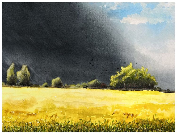 Raps, Gewitter, Landschaft, Aquarell