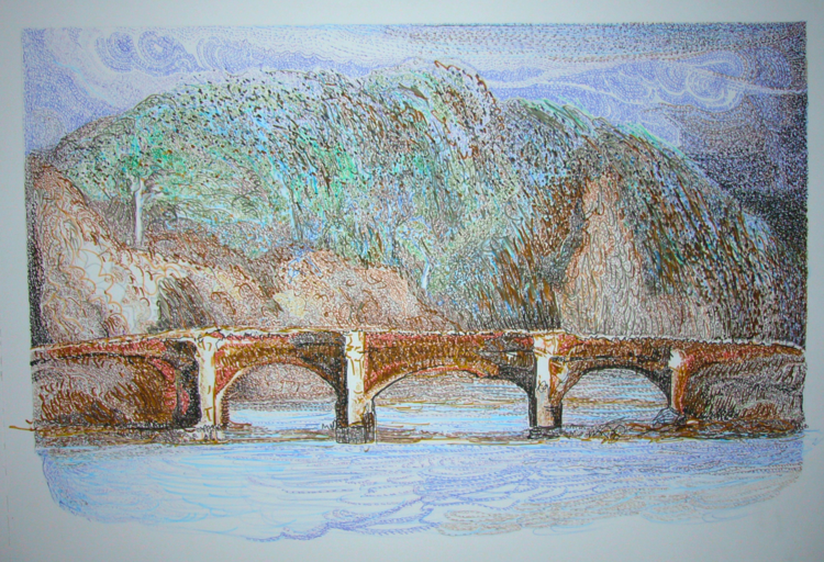 Brücke, Fluss, Berg, Zeichnungen