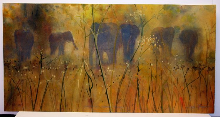 Afrika, Herd, Aquarellmalerei, Landschaft