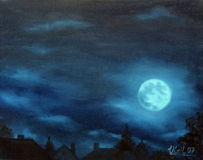 Mond, Wolken, Nacht, Malerei, Vollmond