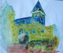 Aquarell, Kirche, Landschaft, Malerei