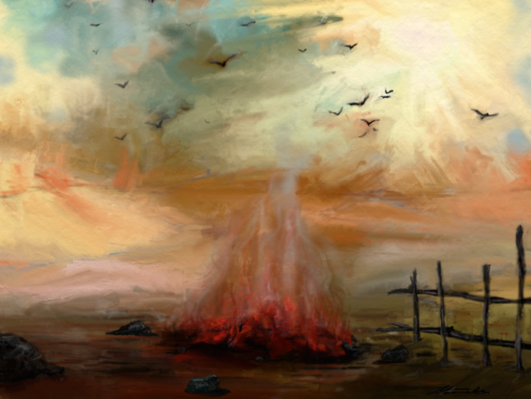 Feuer, Fantasy, Vögel, Landschaft