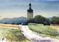 Aquarell, Landschaft, Dorf, Kirche