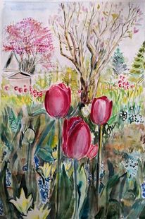 Garten, Tulpen, Fliederstrauch, Aquarell