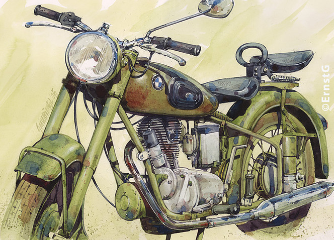 Maschine, Arbeitsgeraete, Oldtimer, Aquarell, Motorrad