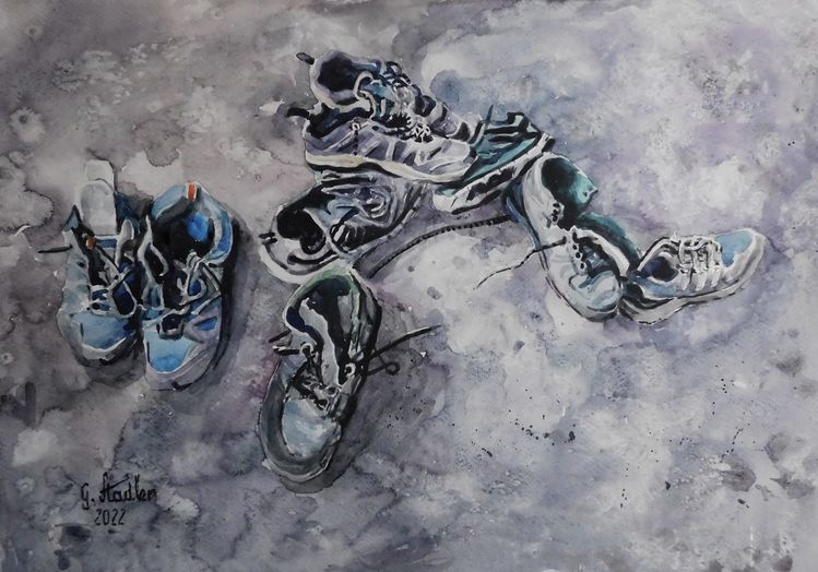 Kilometer, Vergessen undankbar, Aquarell, Schuhe