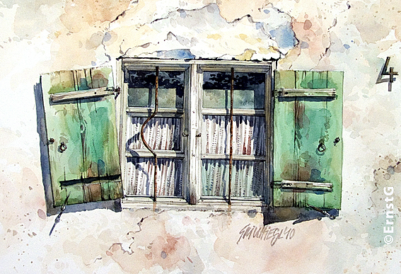 Bauernhof, Marode, Fenster, Aquarell