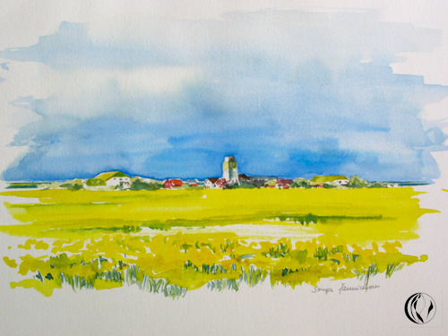 Landschaft, Raps, Aquarell, Malerei