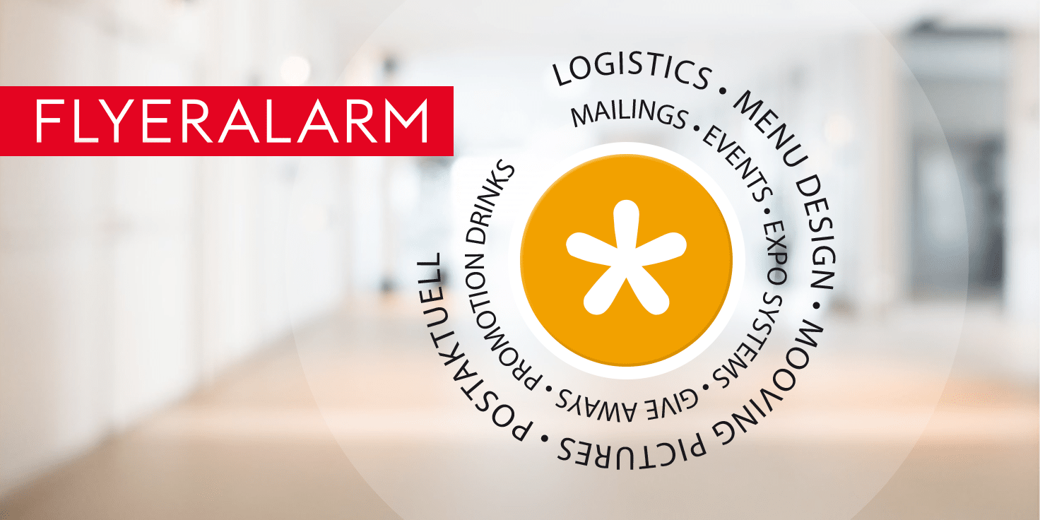 Flyeralarm Logo mit verschiedenen Dienstleistungen wie Logistics, Menu Design, und Promotion Drinks