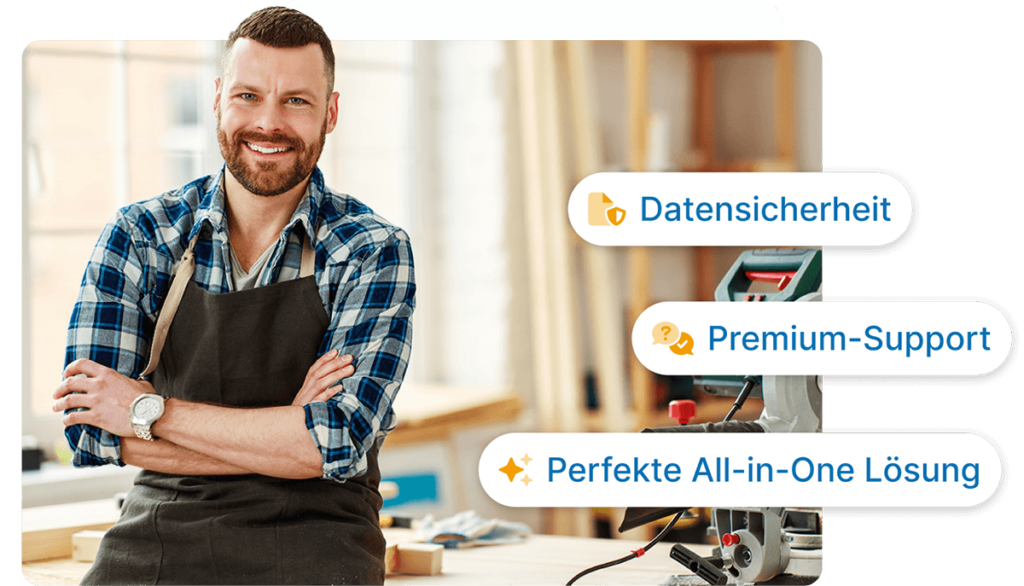 Lächelnder Handwerker in Werkstatt, Vorteile der Handwerker Rechnungssoftware: Datensicherheit, Premium-Support, Perfekte All-in-One Lösung für Handwerker Rechnungen