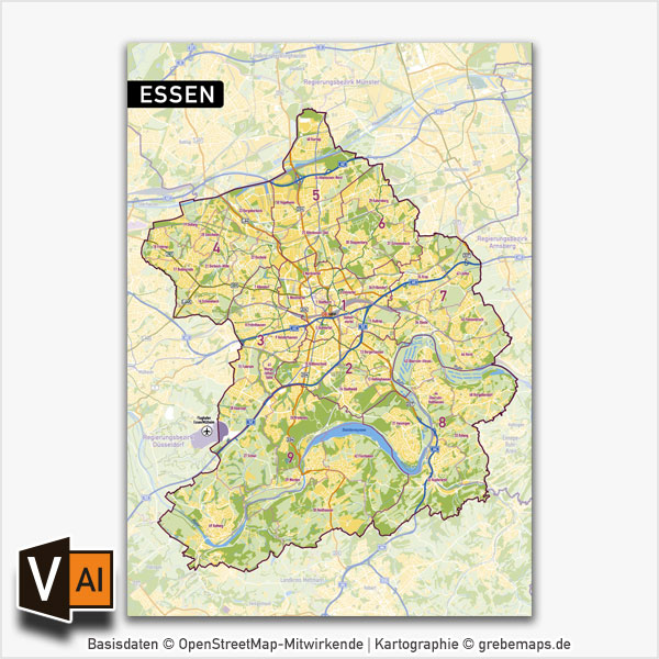 Essen Stadtplan Vektor Stadtbezirke Stadtteile Topographie