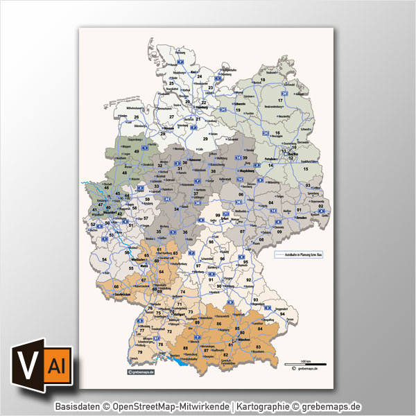 Deutschland Postleitzahlenkarte Vektor PLZ-2 mit Autobahnen (2016)