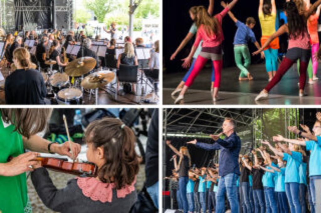 Collage aus vier Fotos: Das Symphonische Blasorchester Köln bei ihrem Auftritt am Tanzbrunnen, eine tanzende Kindergruppe, die Lucky Kids bei einem Auftritt im Tanzbrunnen, ein Kind probiert eine Geige aus, Link auf Unterricht, Ensembles und Chöre