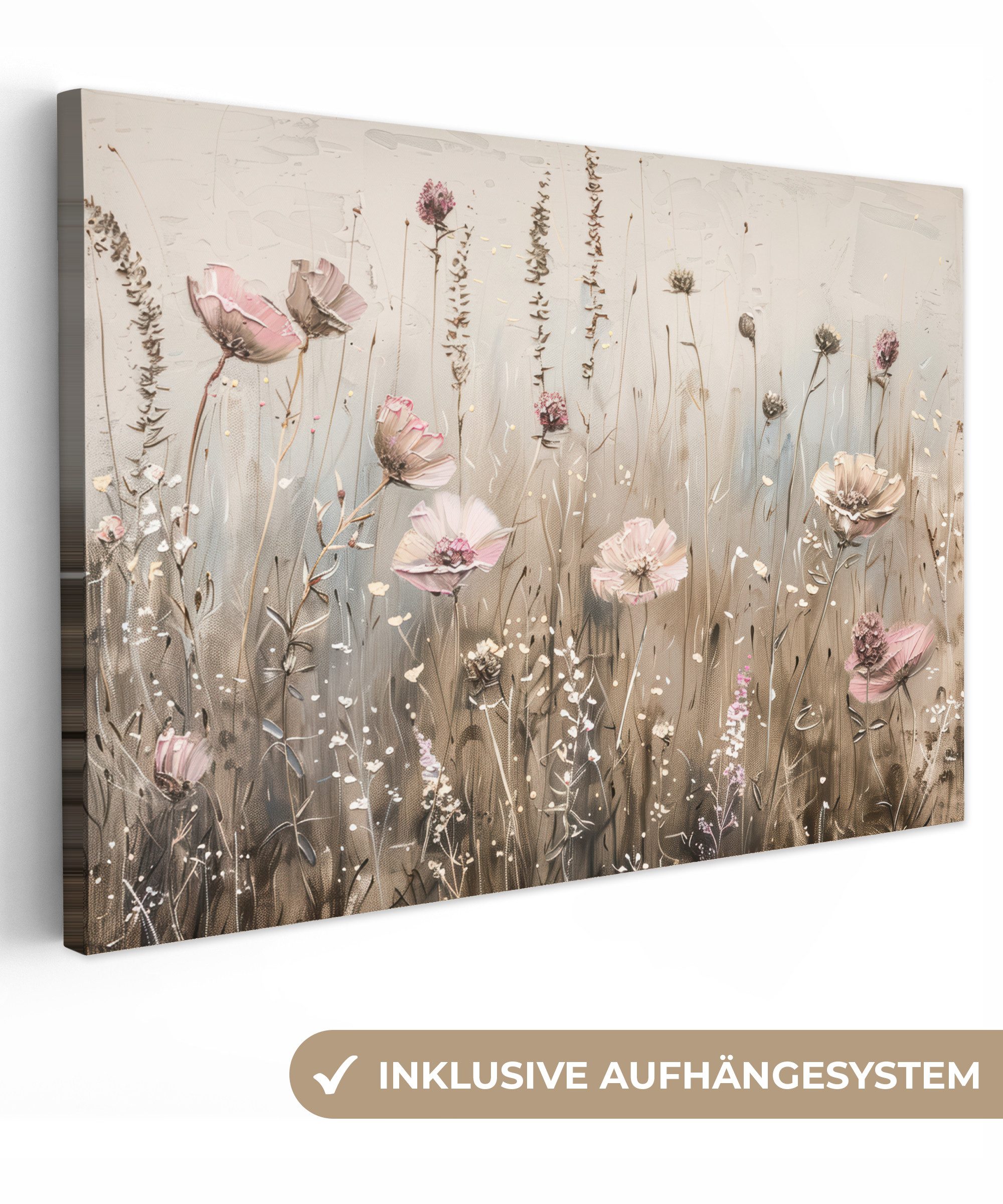 OneMillionCanvasses® Leinwandbild Blumen - Rosa - Modern - Beige, Fotodruck (1 St), Leinwand Bilder Klein, Wand Dekoration Aesthetic 30x20 cm