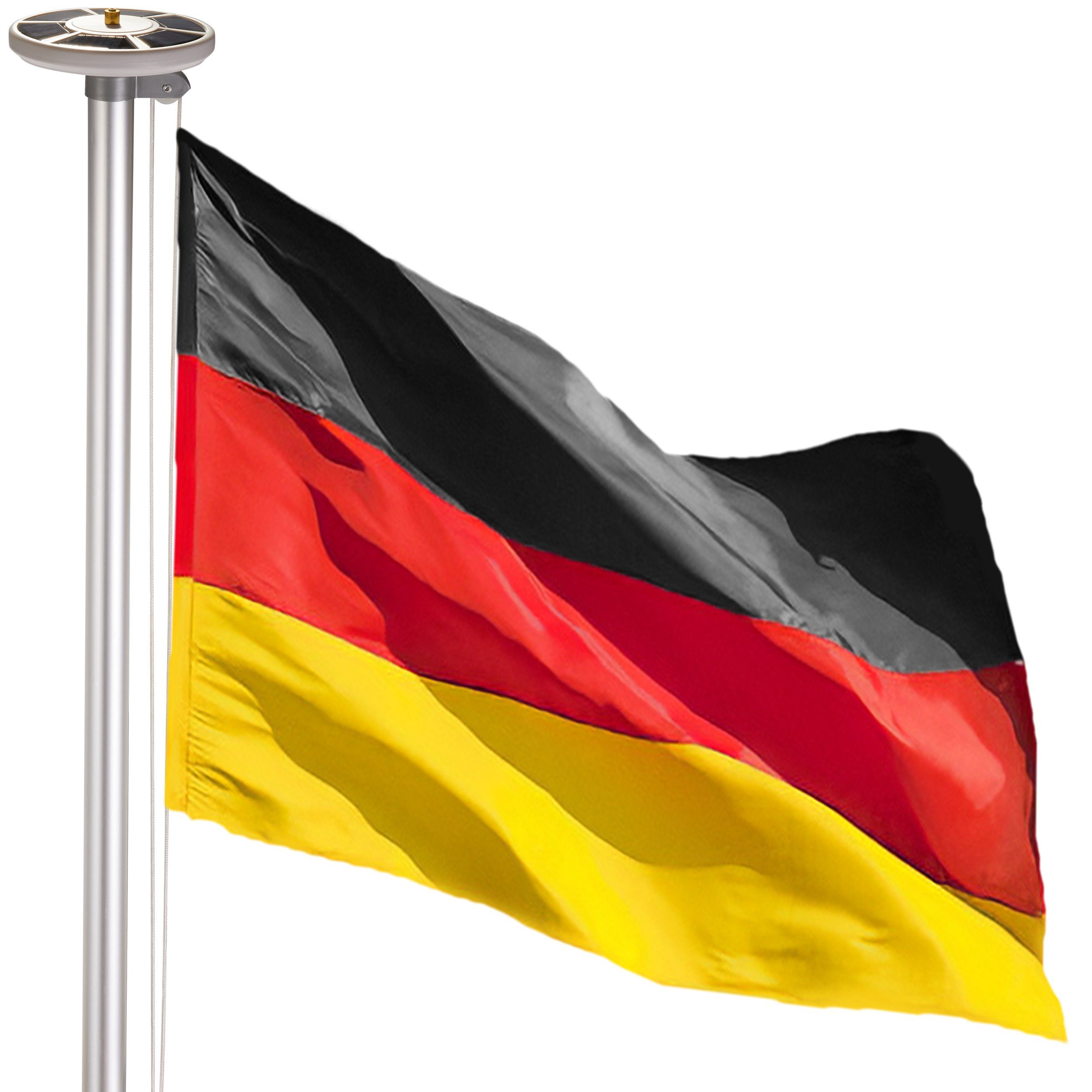 BRUBAKER Fahnenmast All-in-One Flaggenmast Set + Solar Fahnenmastlicht, (1-St., mit Bodenhülse + Deutschlandfahne + Solarlampe mit 26 LEDs), Aluminium Fahnenmast inkl. Deutschland Flagge und Solar-Energie Licht