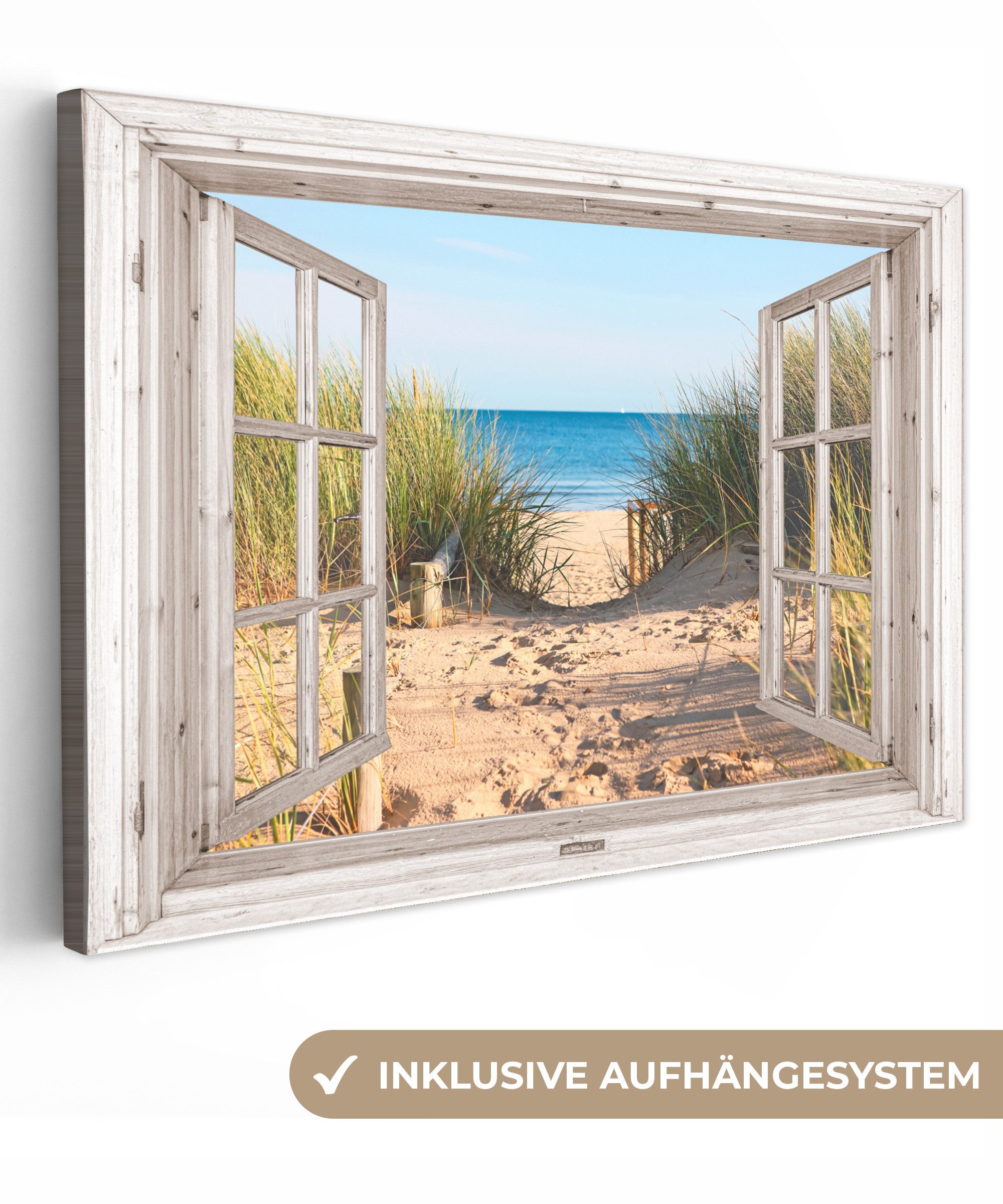 OneMillionCanvasses® Leinwandbild Durchblick - Strand - Meer - Dünen - Sand - Wasser - Hochgras, Fotodruck (1 St), Leinwand Bilder Klein, Wand Dekoration Aesthetic 30x20 cm