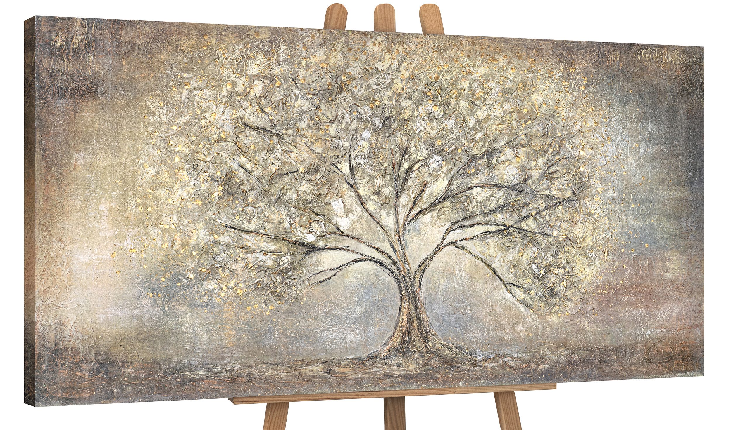 YS-Art Gemälde Goldbaum, Abstrakte Bilder, Leinwand Bild Handgemalt Gold Baum Stammbaum Braun