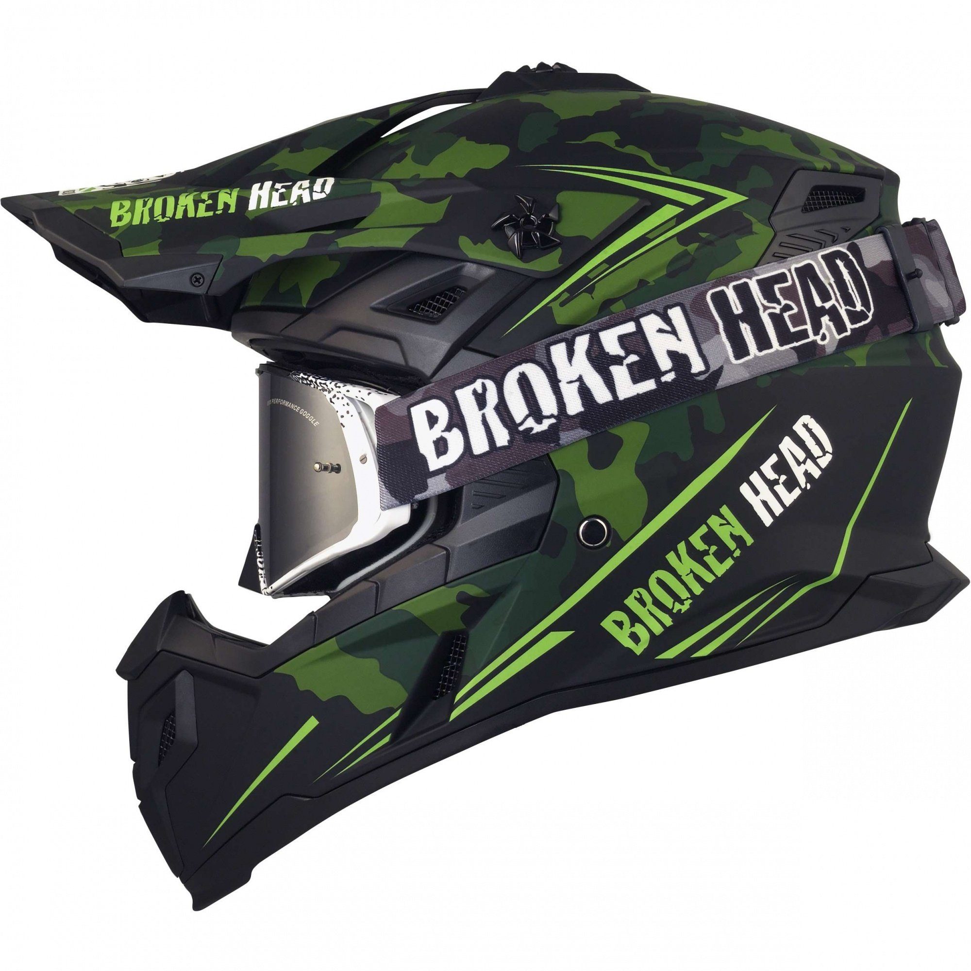 Broken Head Motocrosshelm Squadron Rebelution Grün + MX-Brille Schwarz (Mit schwarzer MX-Brille), Zwei Verschlüsse