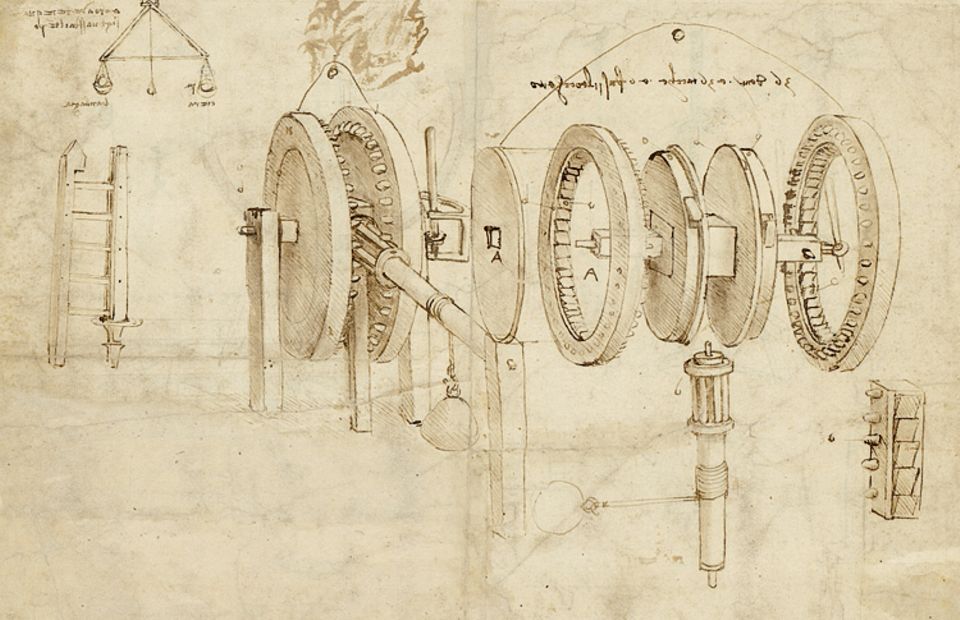 Renaissance: "Zahnräder und Hygrometer": Häufig beschäftigt sich das Universalgenie mit Mechanismen zur Kraftübertragung. Um 1485 ersinnt er eine Waage, mit der sich die Luftfeuchte bestimmen lässt