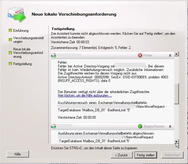 Exchange Fehler bei „Neue lokale Verschiebungsanforderung“