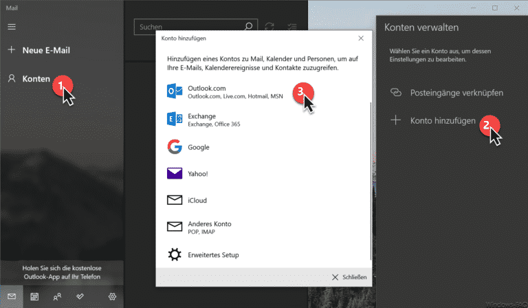 Outlook.com, Live.com, Hotmail oder MSN E-Mail Account in die Windows 10 Mail App integrieren