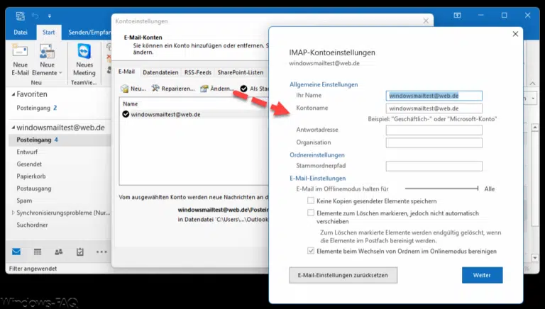 Freemail Web.de Konto mit Outlook