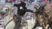 Ein Mann reitet Rodeo auf einem Pferd.