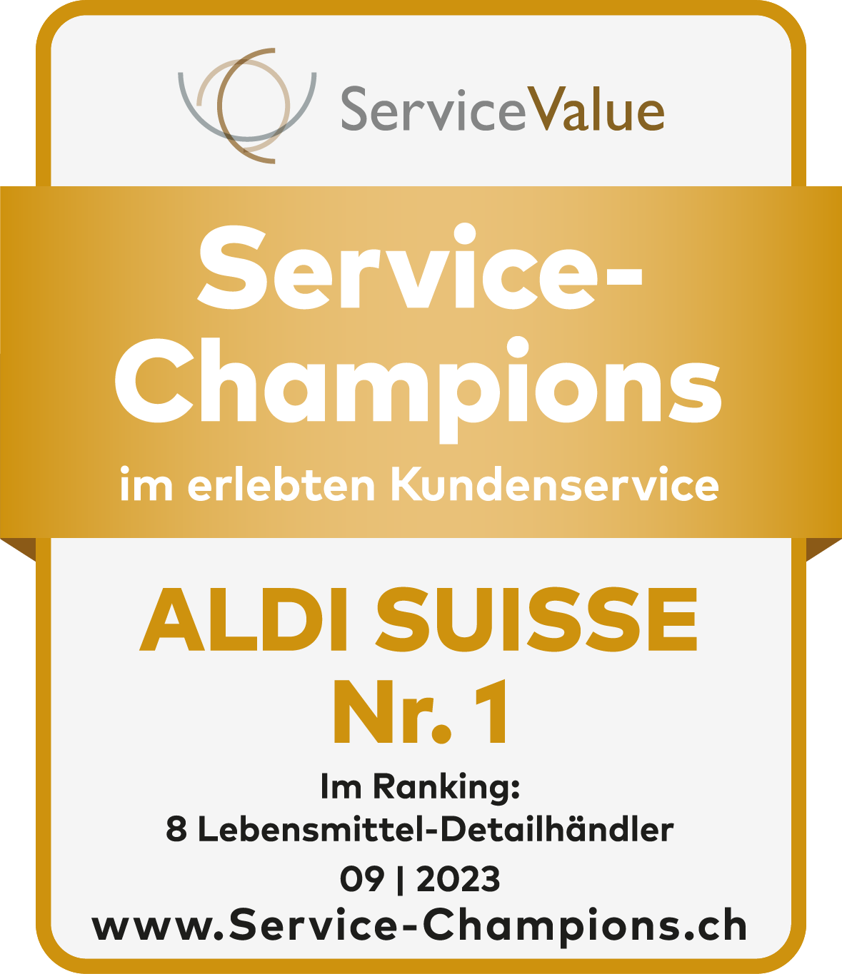 ALDI SUISSE ist 2023 gemäss ServiceValue GmbH Service-Champion im erlebten Kundenservice.