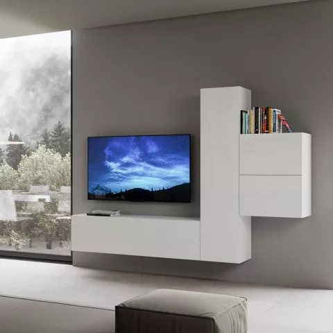 Wohnzimmer TV-Ständer 4 Hängeelemente Holz weiß modern A17 Aktion