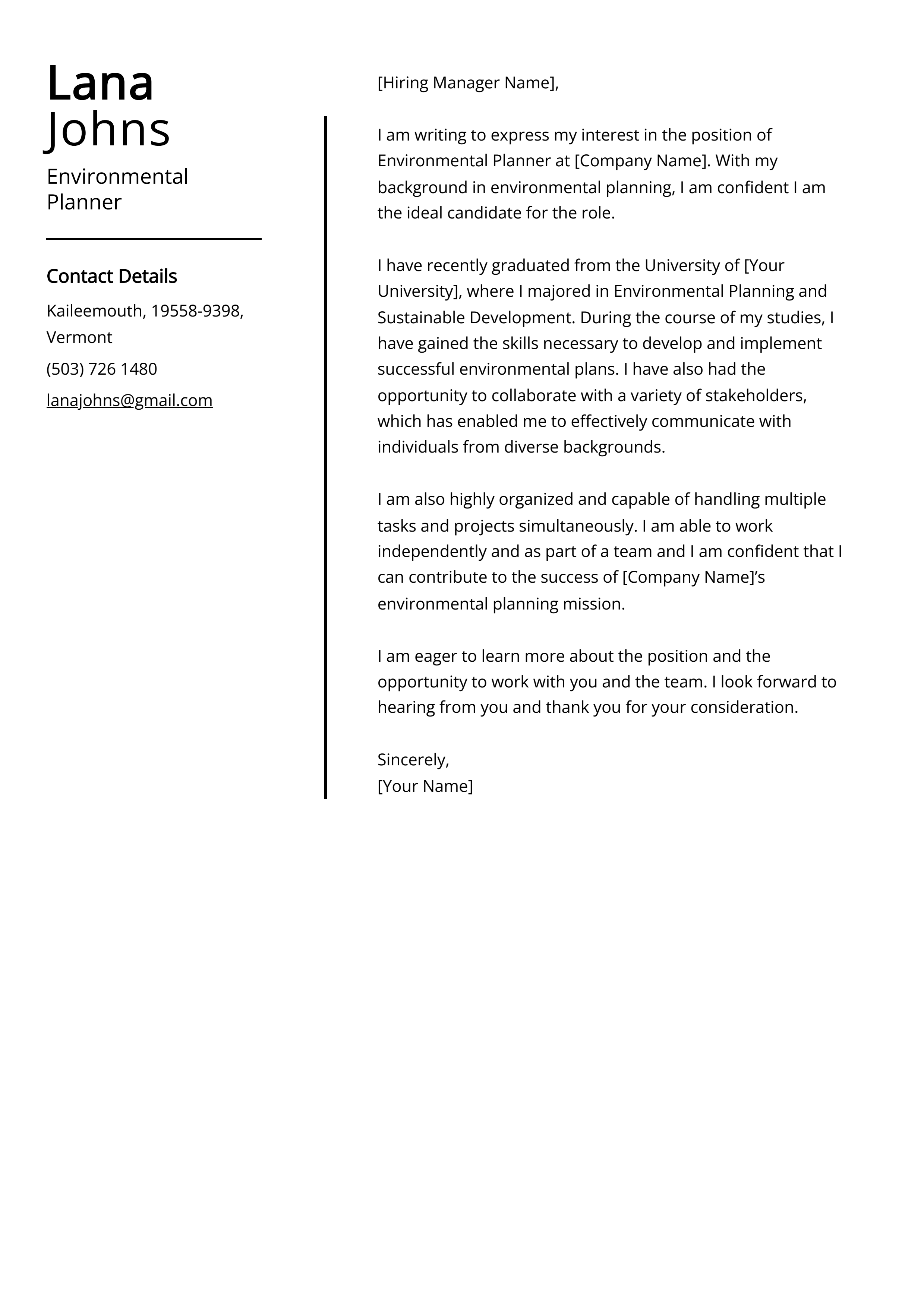 Environmental Planner Cover Letter Example