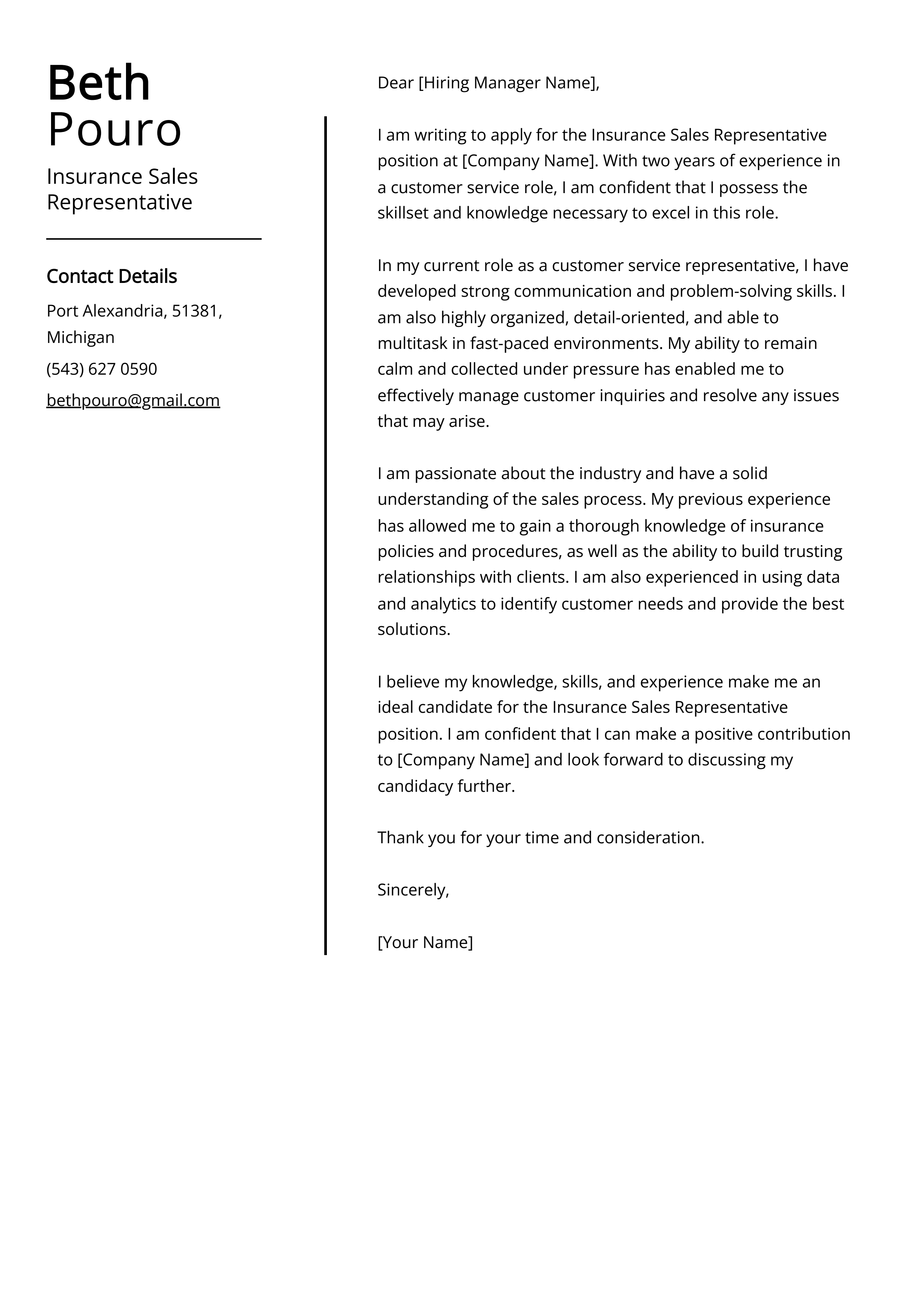 Insurance Sales Representative Cover Letter Example