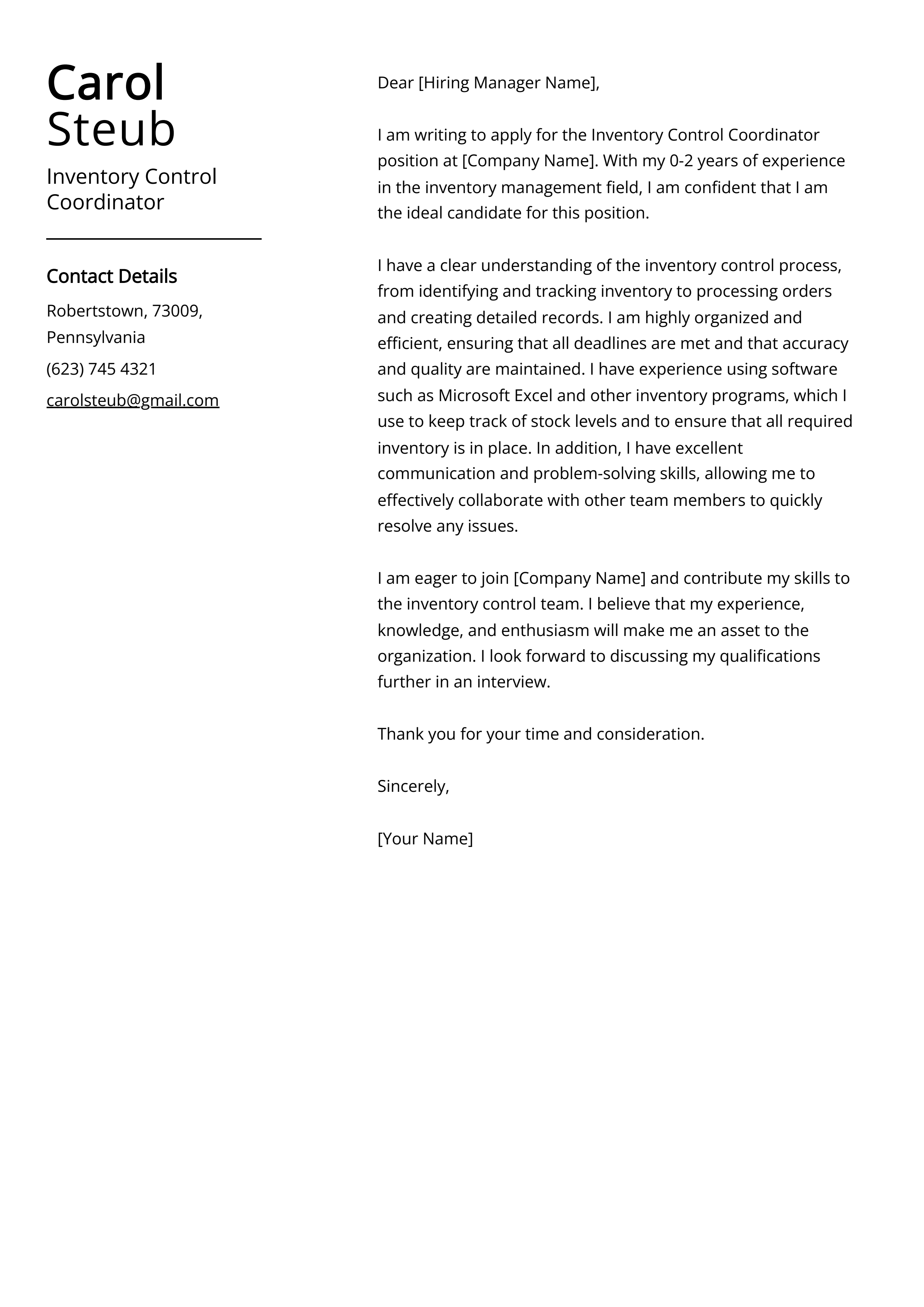 Inventory Control Coordinator Cover Letter Example