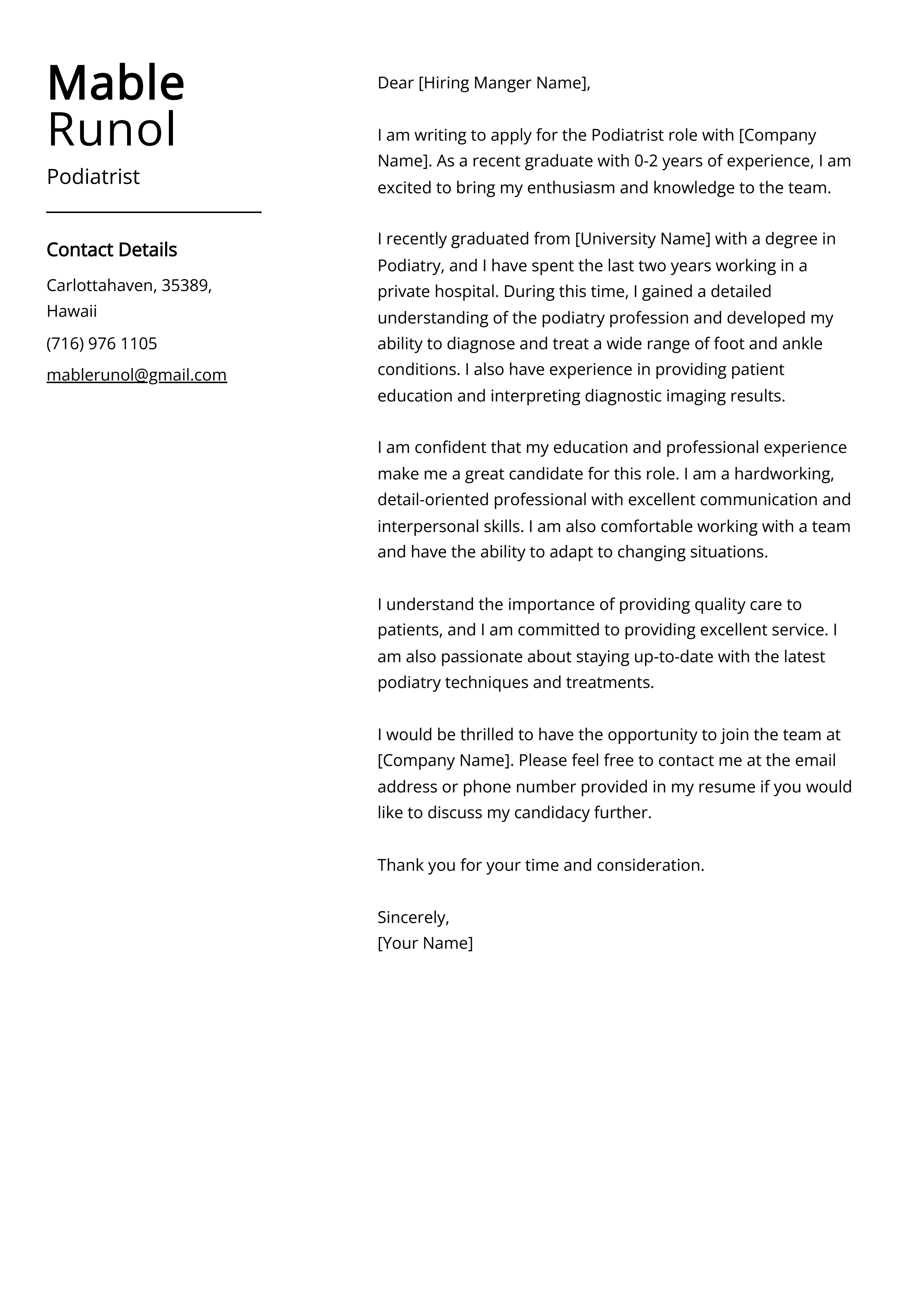 Podiatrist Cover Letter Example