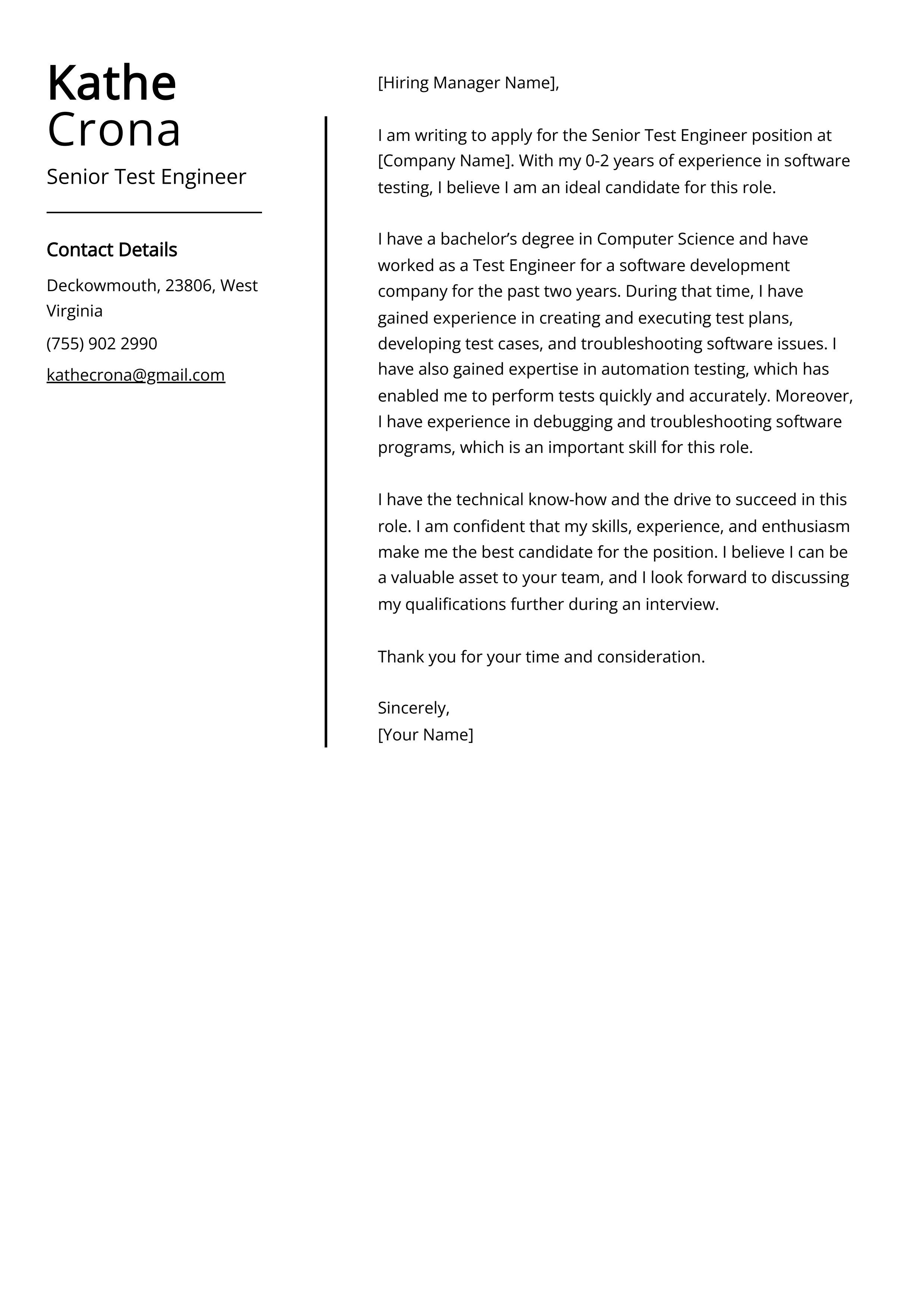 Senior Test Engineer Cover Letter Example