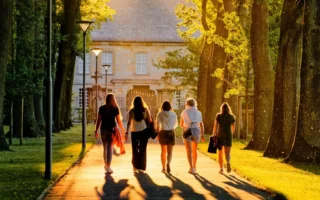 Vijf vrouwen maken een wandeling in de Hofgarten in Bayreuth, Beieren, Duitsland