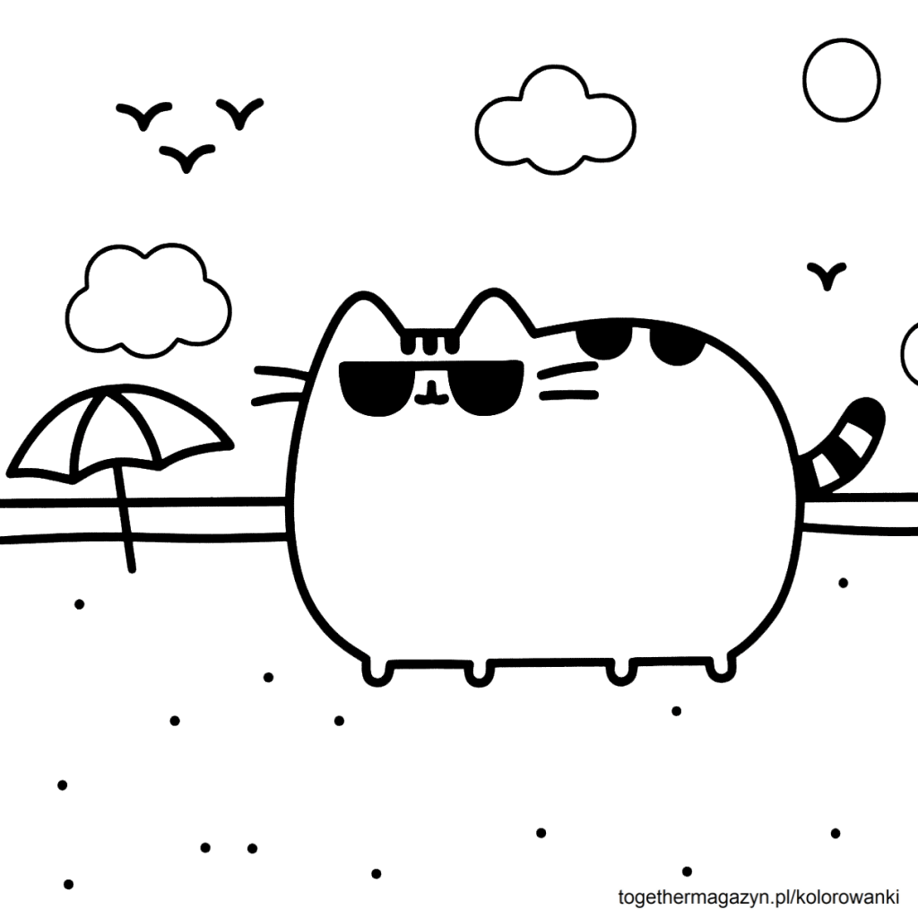 Kolorowanki dla dziewczynek - wydrukuj za darmo i pokoloruj kolorowankę dla dziewczynki na której jest Pusheen na wakacjach