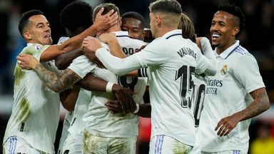 Toni Kroos is congratulated by team-mates after scoring Real Madrid's second goal against Cadiz