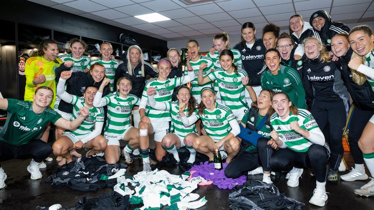 The Celtic women's squad celebrate after reaching the Champions League group stages for the first time