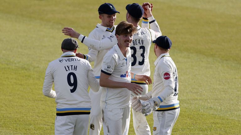 Yorkshire's George Hill celebrates after he takes the wicket of Leicestershire's Louis Kimber during day one of the Vitality County Championship match at Headingley, Leeds. Picture date: Friday April 5, 2024.