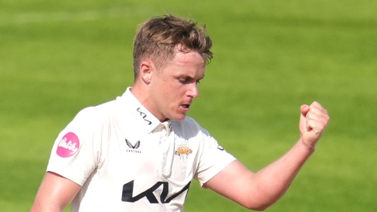 Surrey's Sam Curran (centre) celebrates taking the wicket via LBW of Durham's Bas de Leede (left) during day three of the Vitality County Championship match at the Kia Oval, London. Picture…
