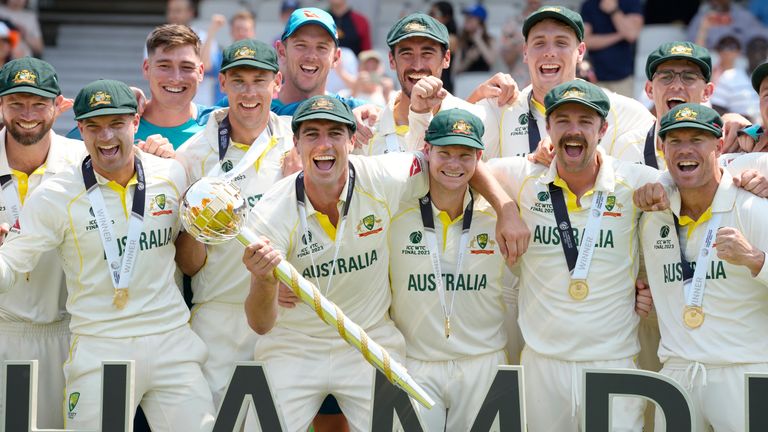 Australia celebrate winning the 2021-23 World Test Championship final (Associated Press)