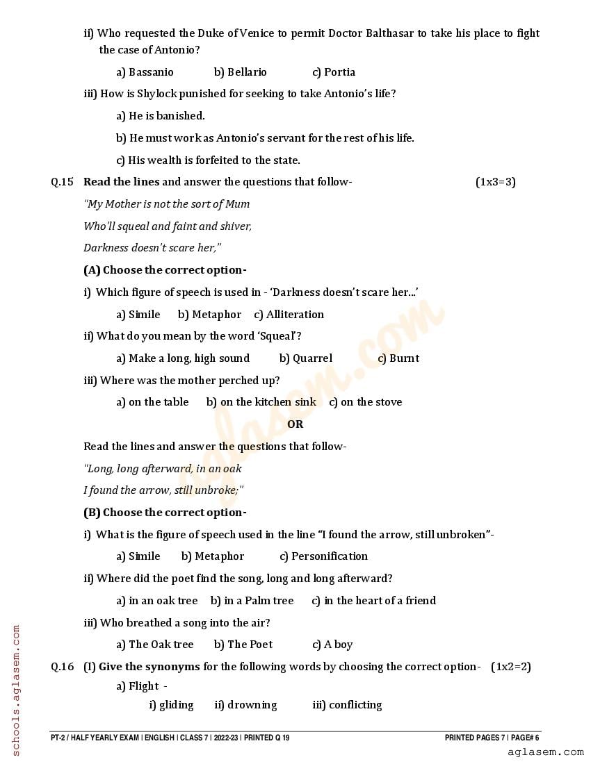 Class 7 English Half Yearly Question Paper 2023 (PDF) - 7th Half Yearly ...