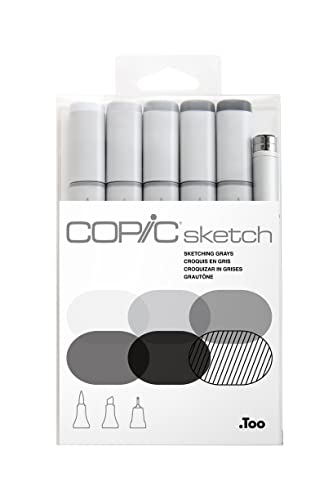 COPIC Sketch Set 'Sketching Grays', 5 Twin Marker mit einer mittelbreiten und einer Brush-Spitze inkl. Multiliner SP Black 0,5 mm