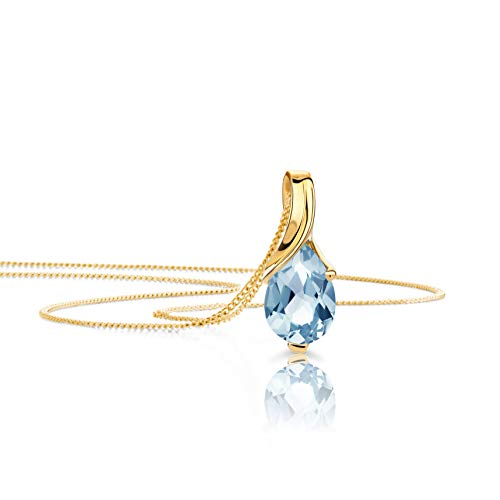 OROVI – Tropfen Halskette aus 9 Karat (375) Gelbgold mit Topas (0.87 ct) – filigrane Gold Kette Damen mit blauem Edelstein Anhänger in Tropfenform – Goldkette allergenfrei & handgemacht (45 cm)