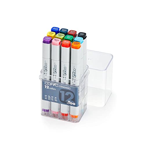 COPIC Classic Set '12 Colors', 12er Set im Acryl-Display, Twin Marker mit einer mittelbreiten und einer feinen Spitze