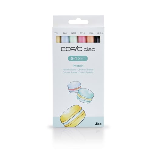 COPIC Ciao Marker 5+1 Set 'Pastellfarben', 5 Allround-Layoutmarker mit einer mittelbreiten und einer Brush-Spitze, inkl. 1 Multiliner 0,3 mm