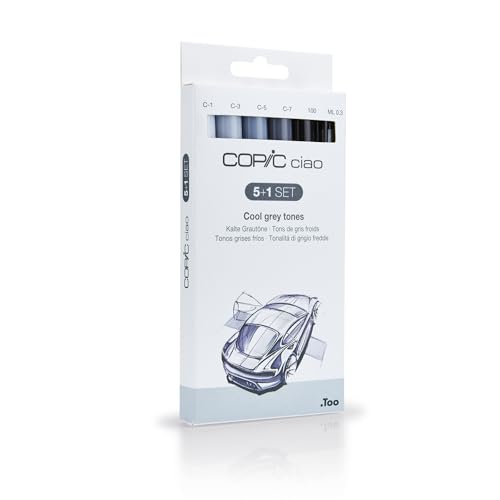 COPIC Ciao 5+1 Set 'Cold Grey Tones', 5 Twin Marker mit einer mittelbreiten und einer Brush-Spitze, inkl. Multiliner Black 0,3 mm