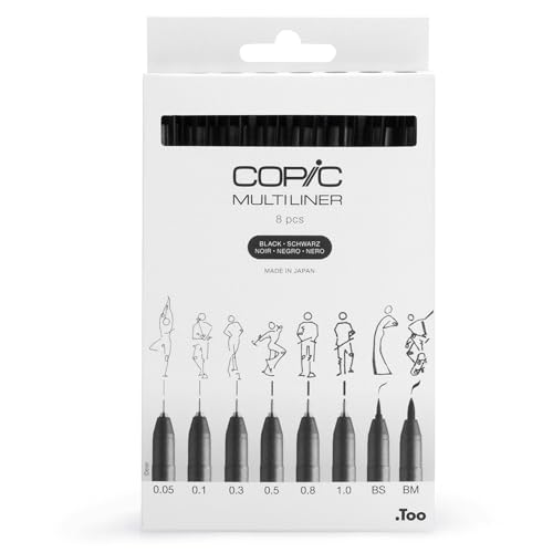 COPIC Multiliner Set, Black, 8 Fineliner in verschiedenen Strichstärken, Zeichen Stifte mit einer feinen Spitze und wasserbeständiger Pigmenttinte